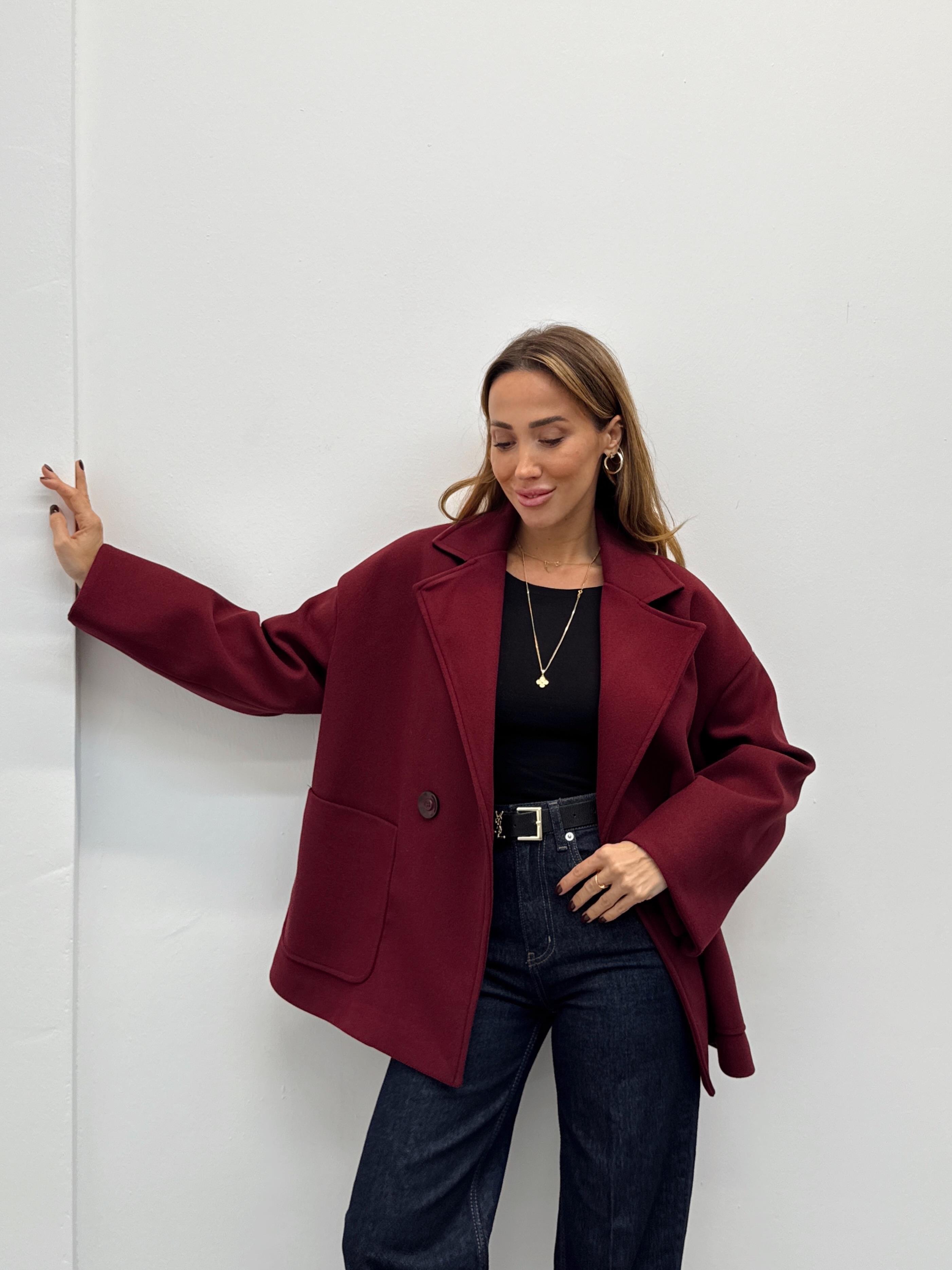 Kadın Tone Bordo Düğmeli Premium Kaşe Kaban