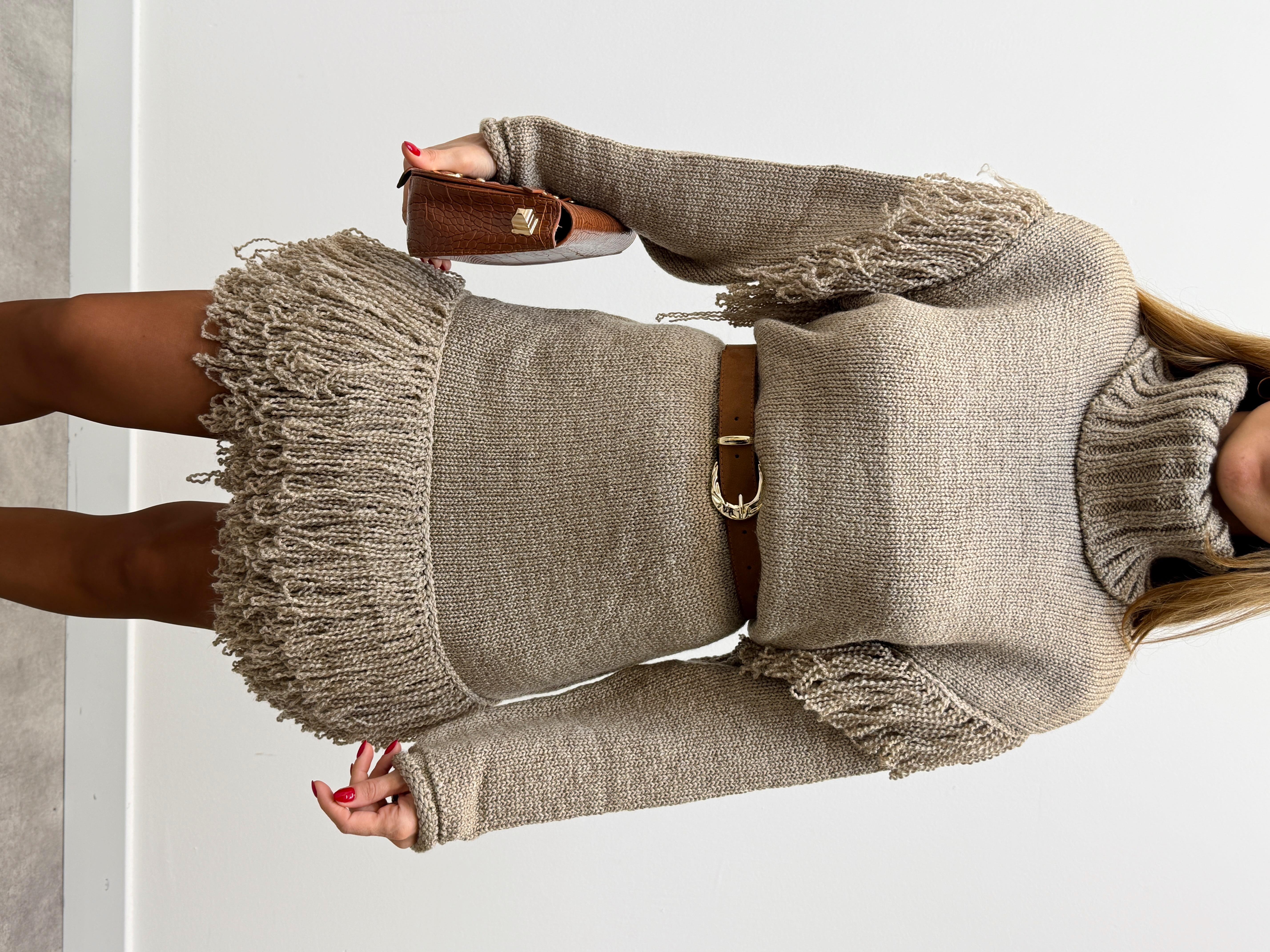 Kadın Tone Uzun Kollu Püsküllü Triko Kazak Elbise