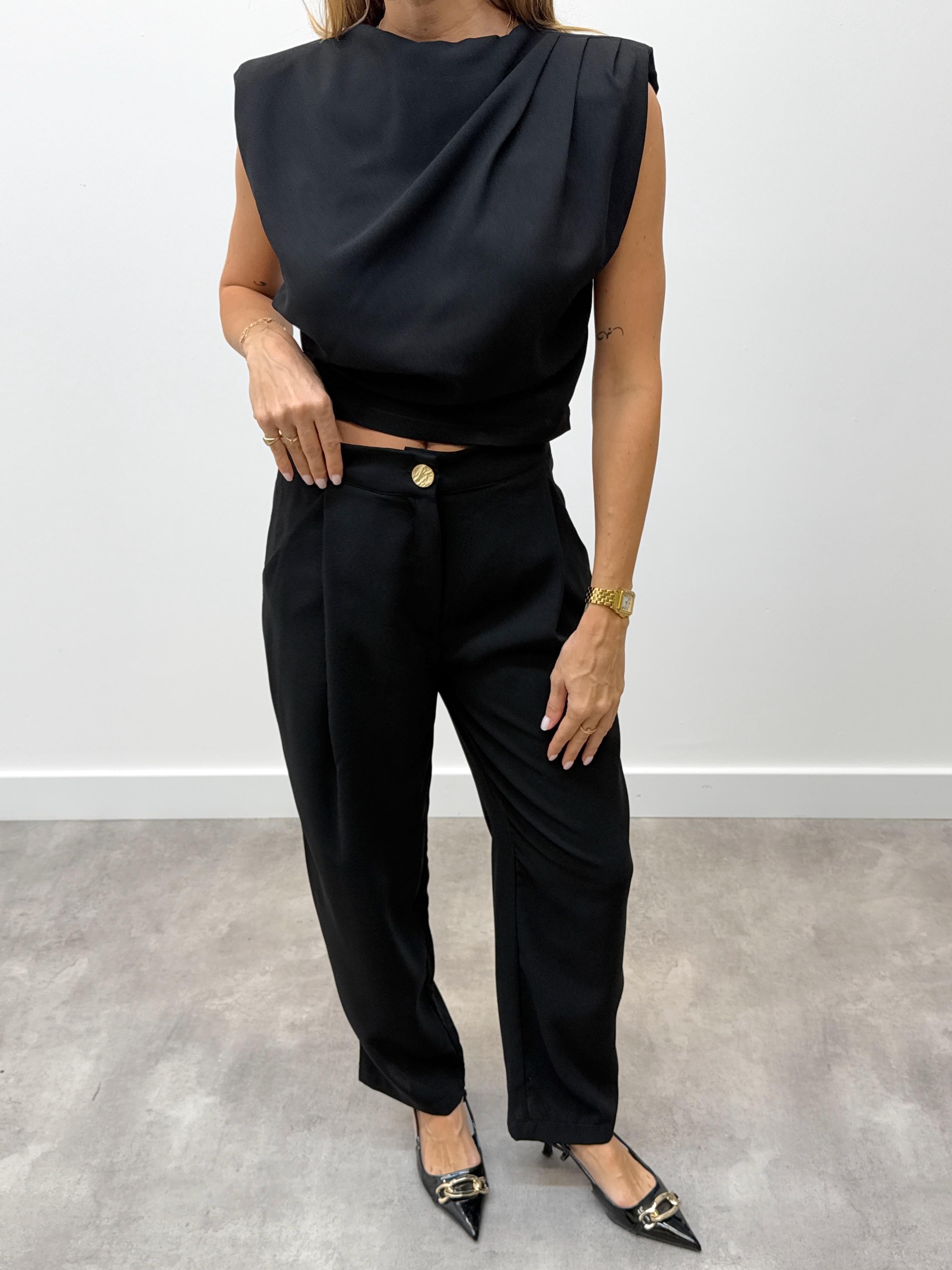 Kadın Vatkalı Drape Detay Alt Üst Siyah Pantolon Takım