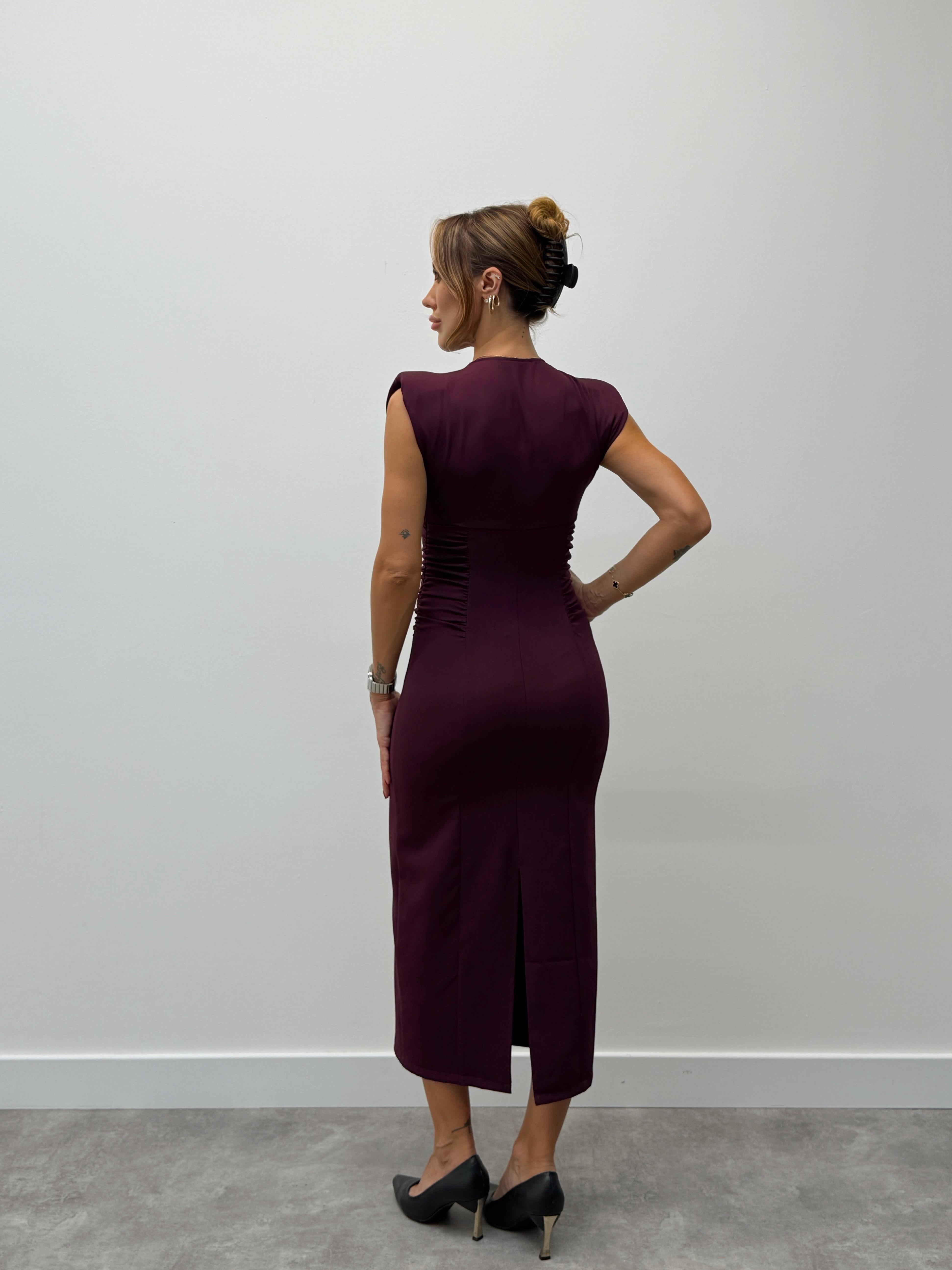 Kadın Vatkalı Drape Detaylı Mürdüm Elbise