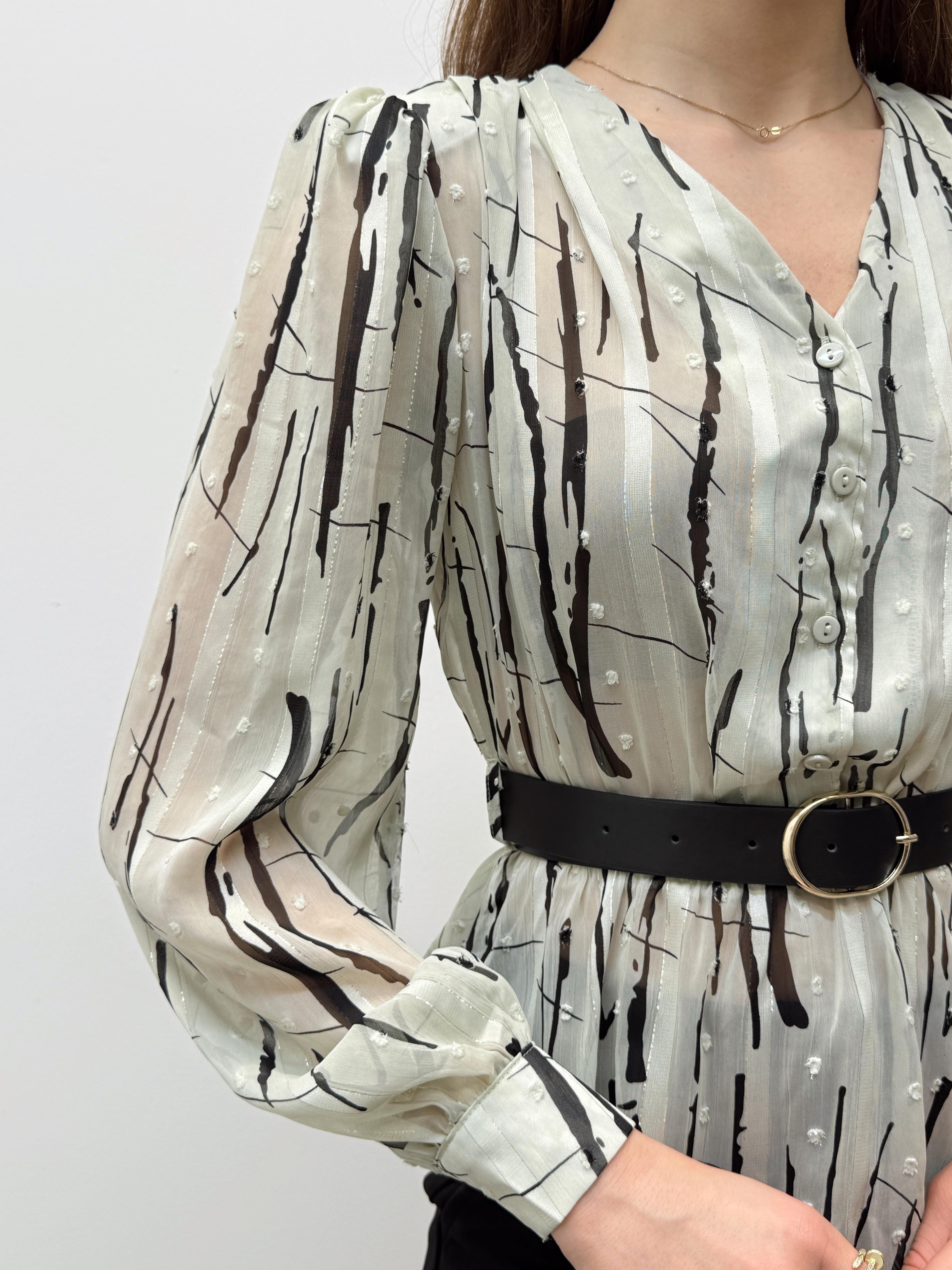 Liora Kemerli Desenli Ekru Şifon Gömlek