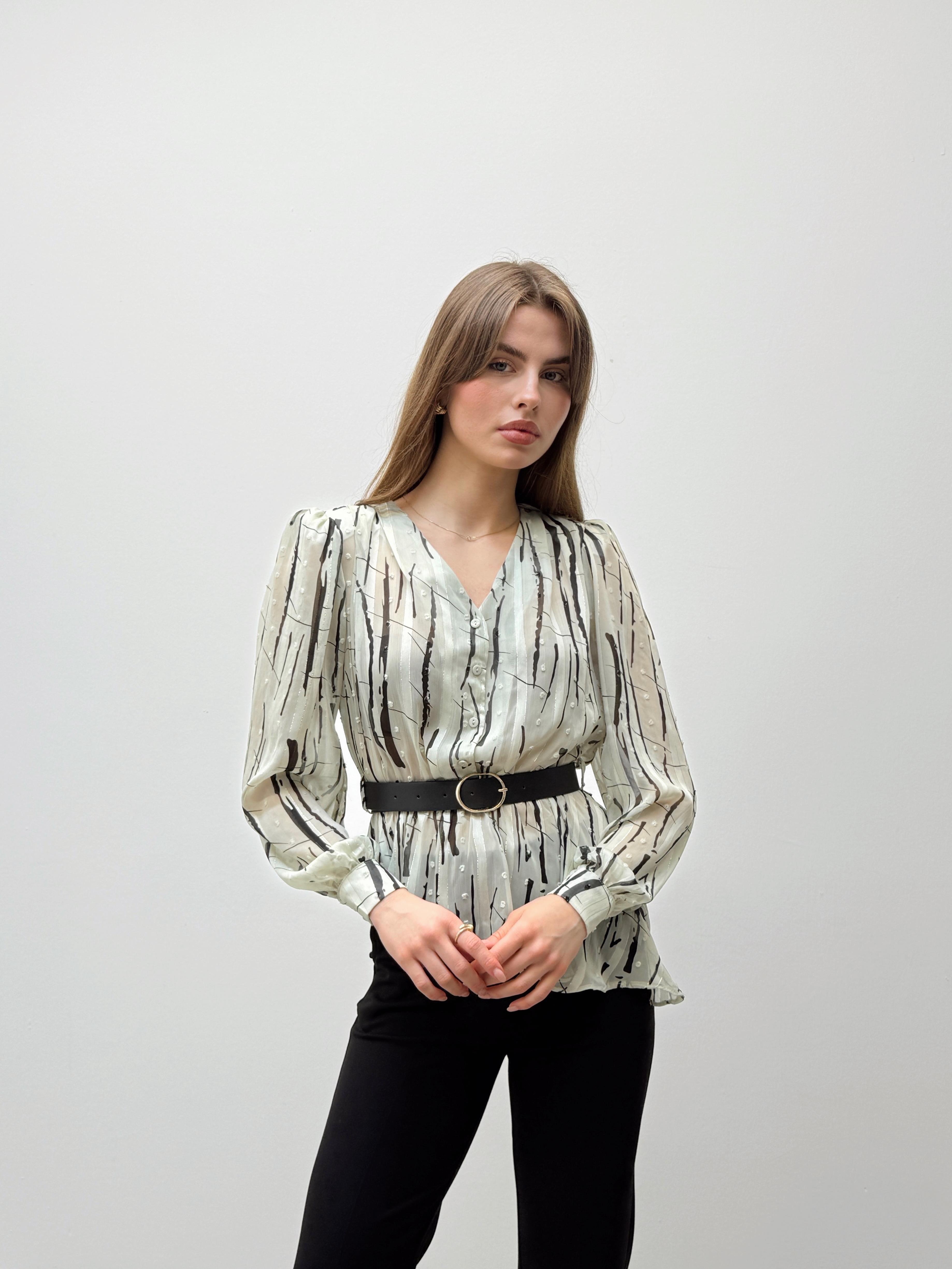 Liora Kemerli Desenli Ekru Şifon Gömlek