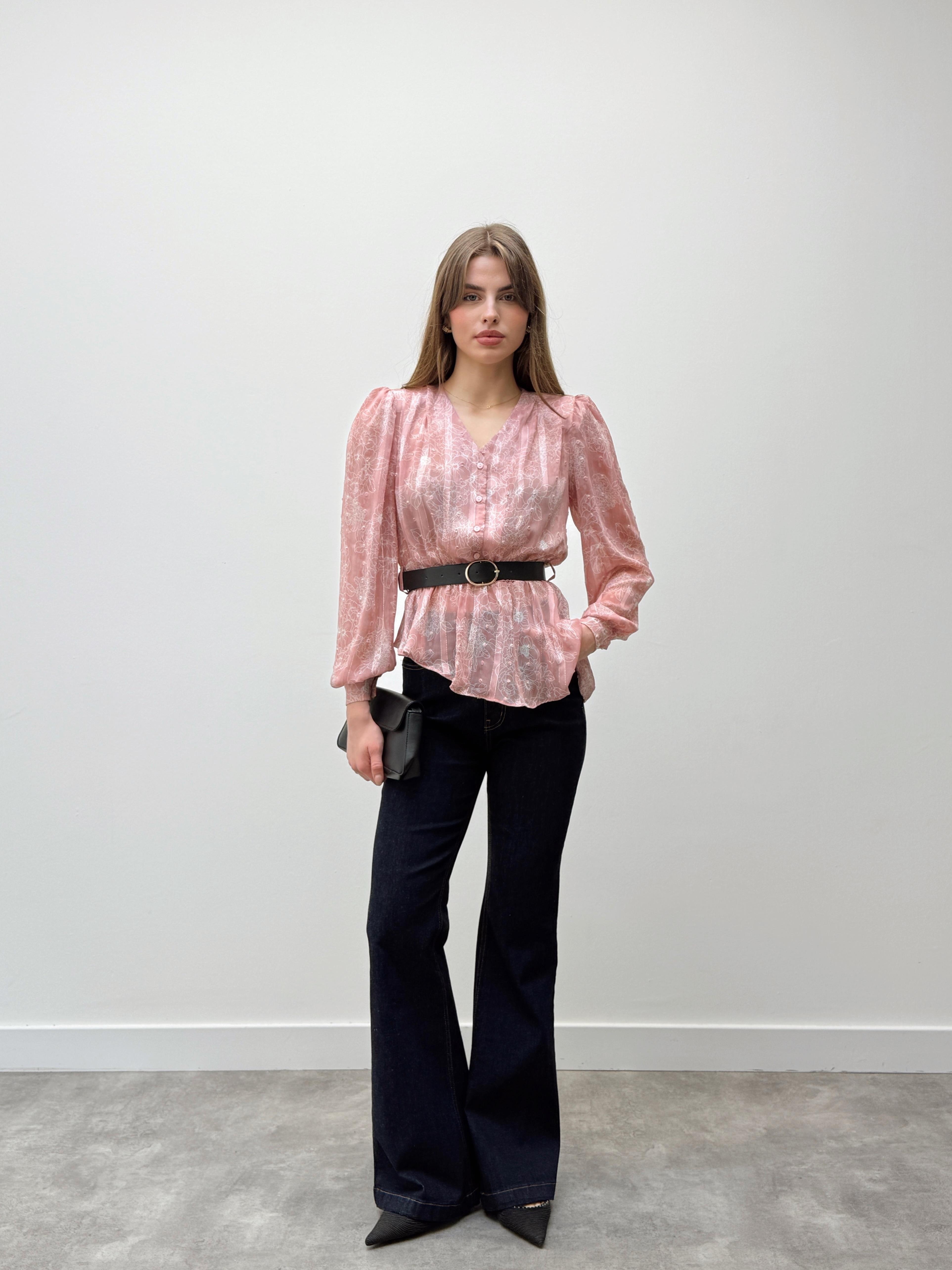 Liora Kemerli Desenli Pudra Şifon Gömlek