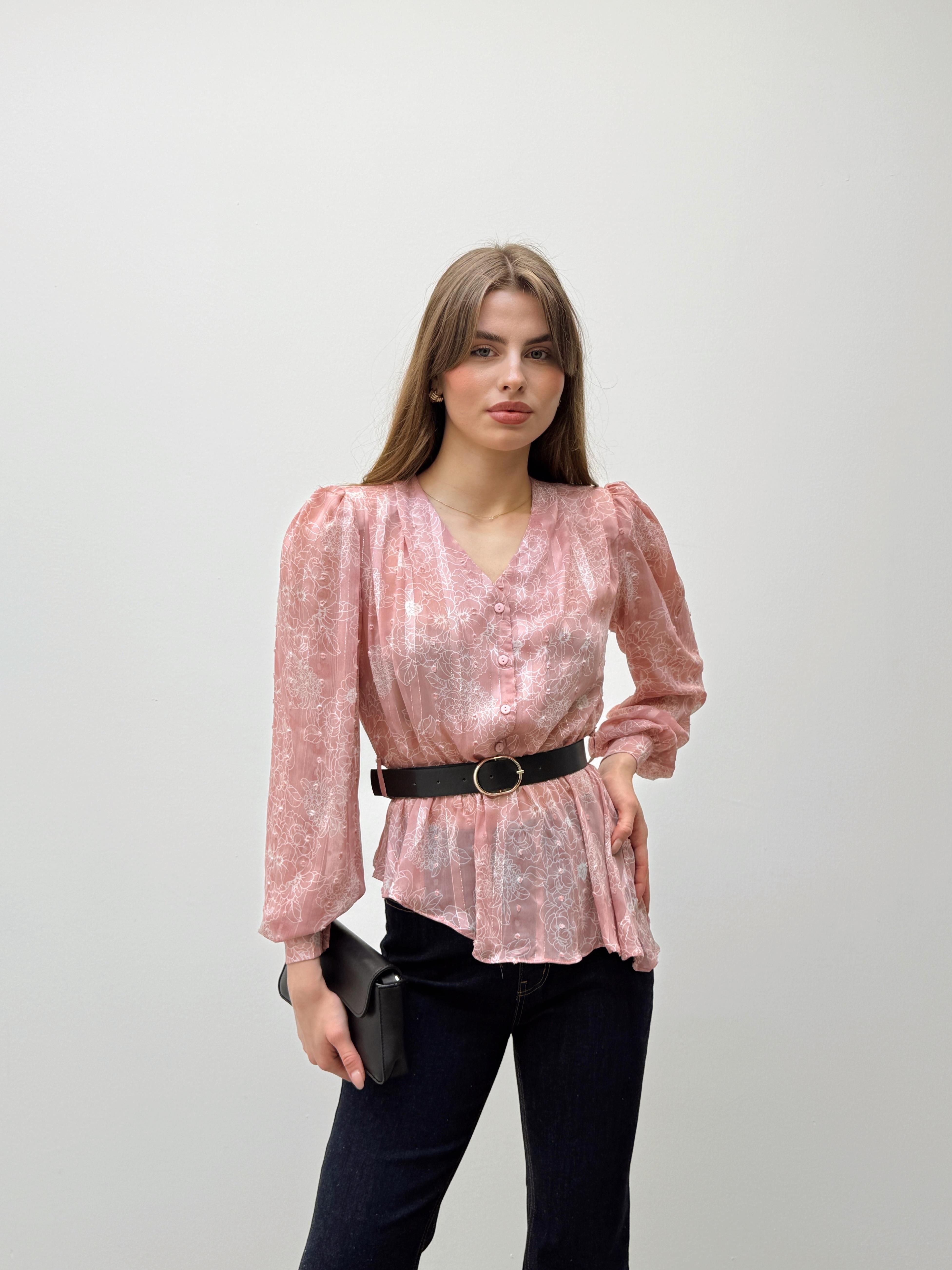 Liora Kemerli Desenli Pudra Şifon Gömlek