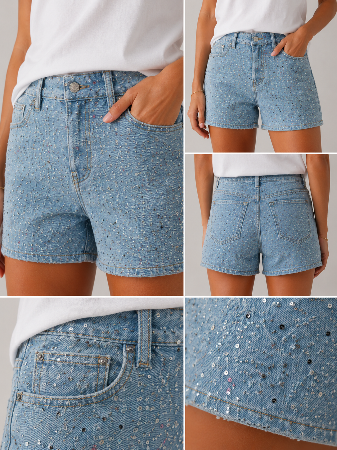 Payet Detaylı Yüksek Bel Açık Mavi Denim Şort
