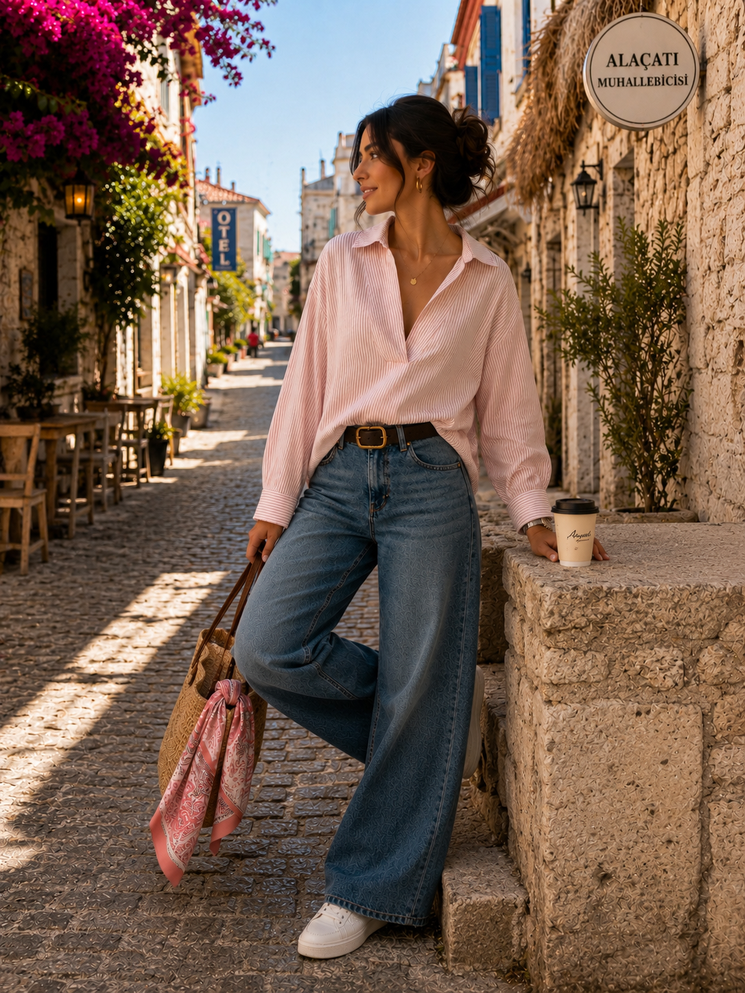 Portofino Pembe Çizgili Ekru Keten Gömlek