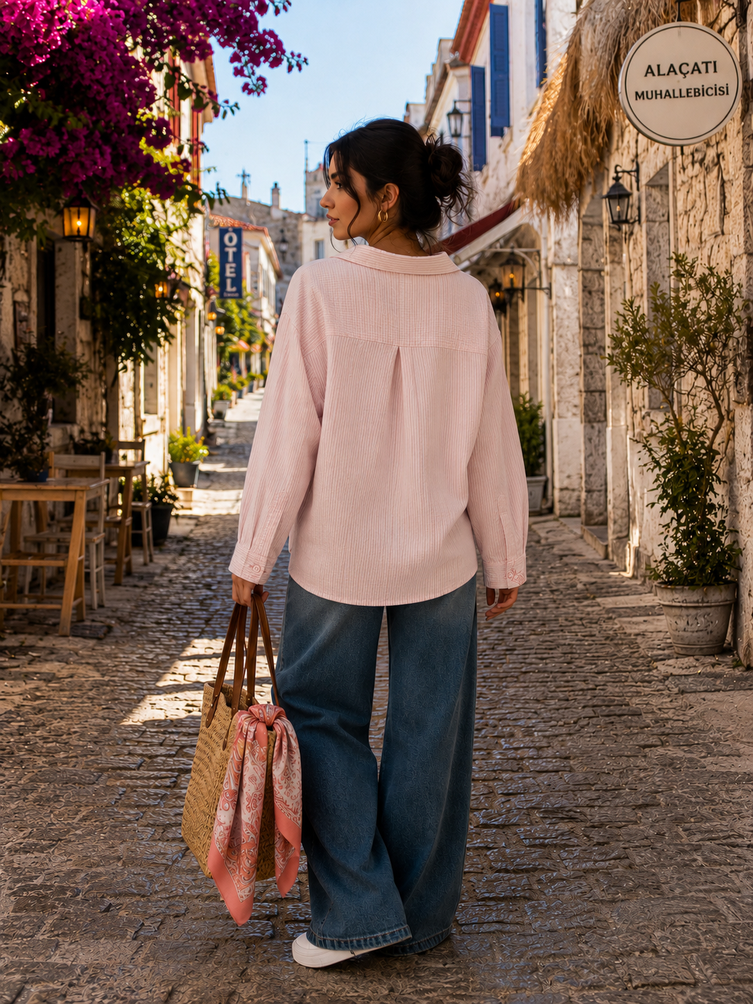Portofino Pembe Çizgili Ekru Keten Gömlek