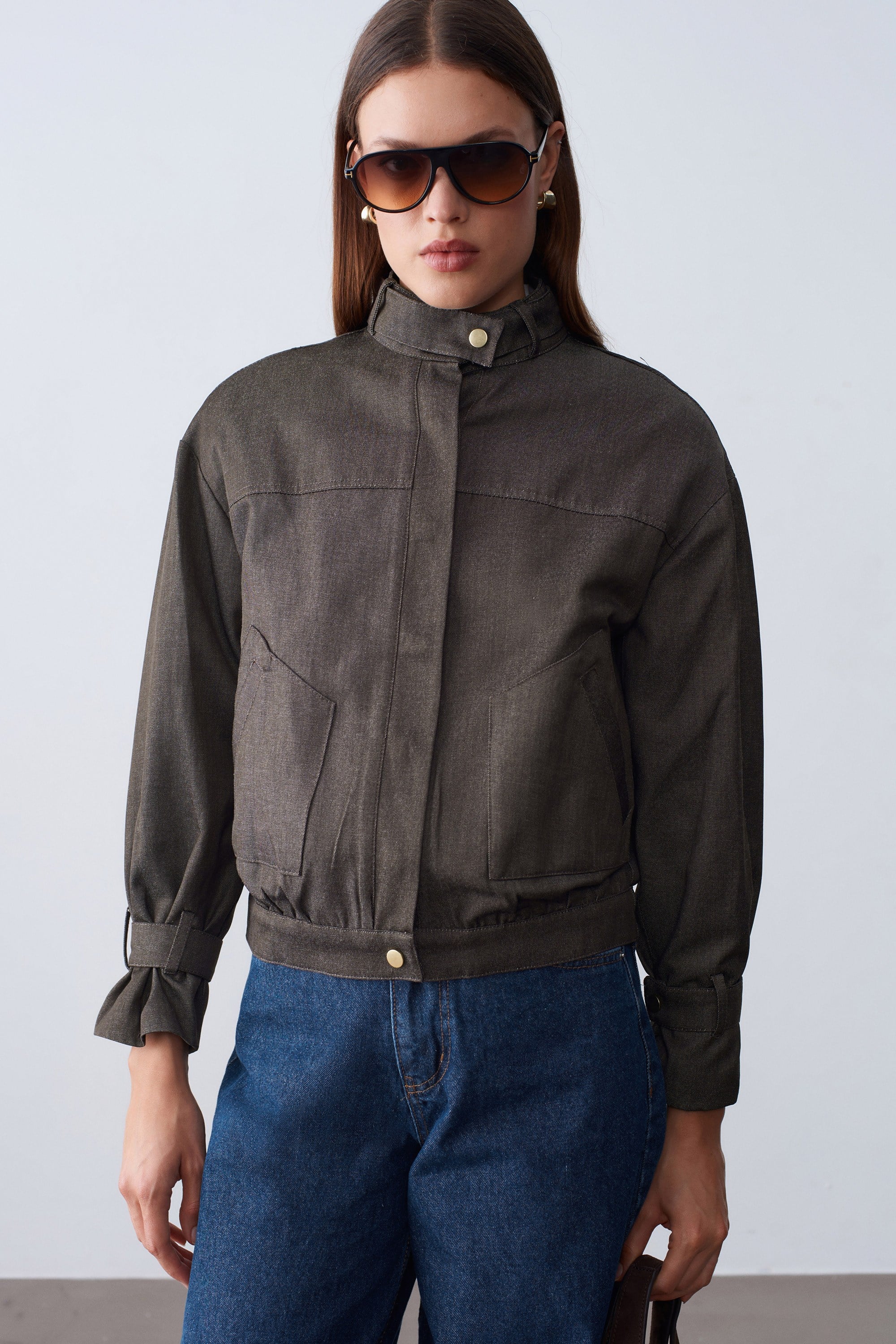 Premium Crop Denim Kahve Ceket 