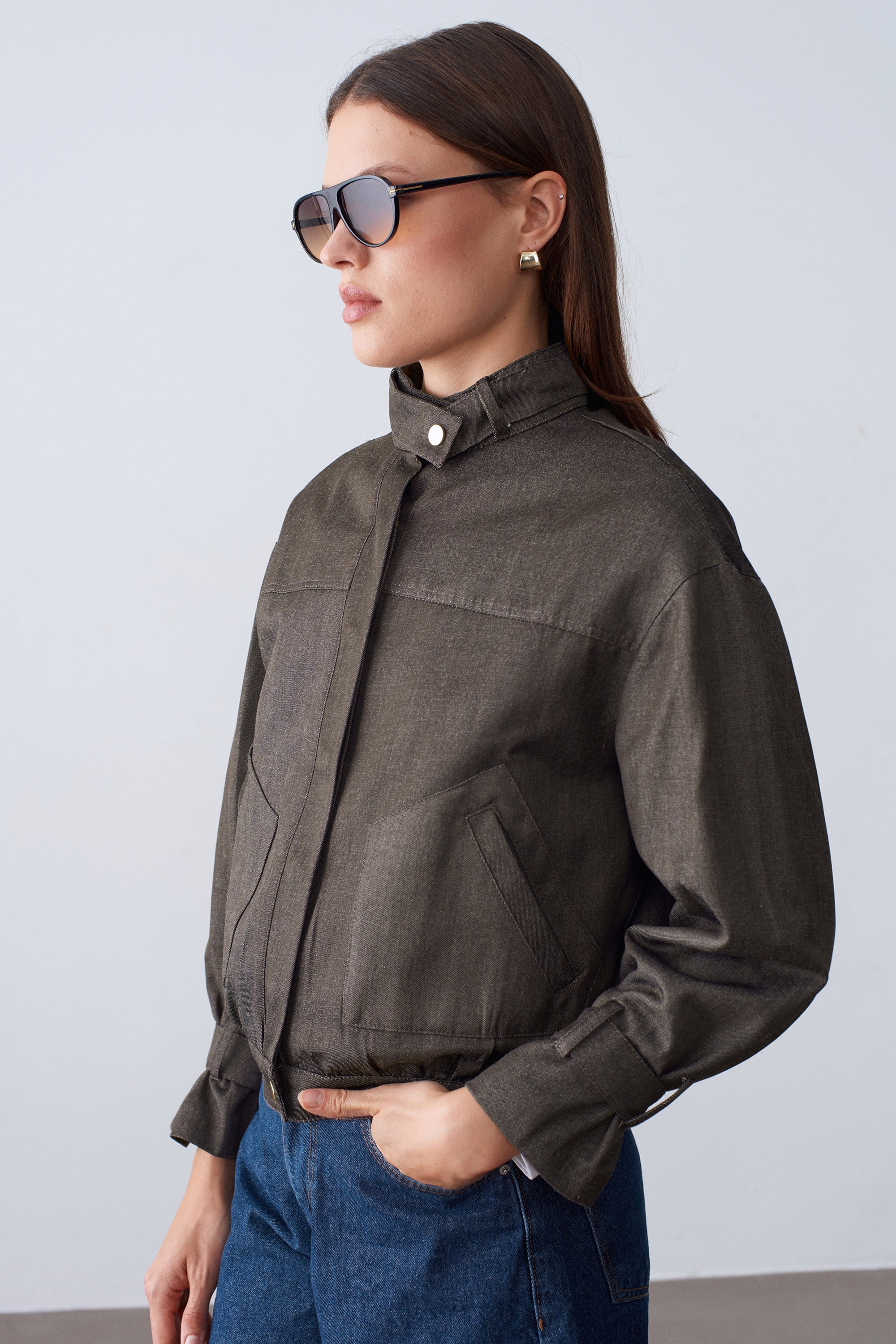 Premium Crop Denim Kahve Ceket 