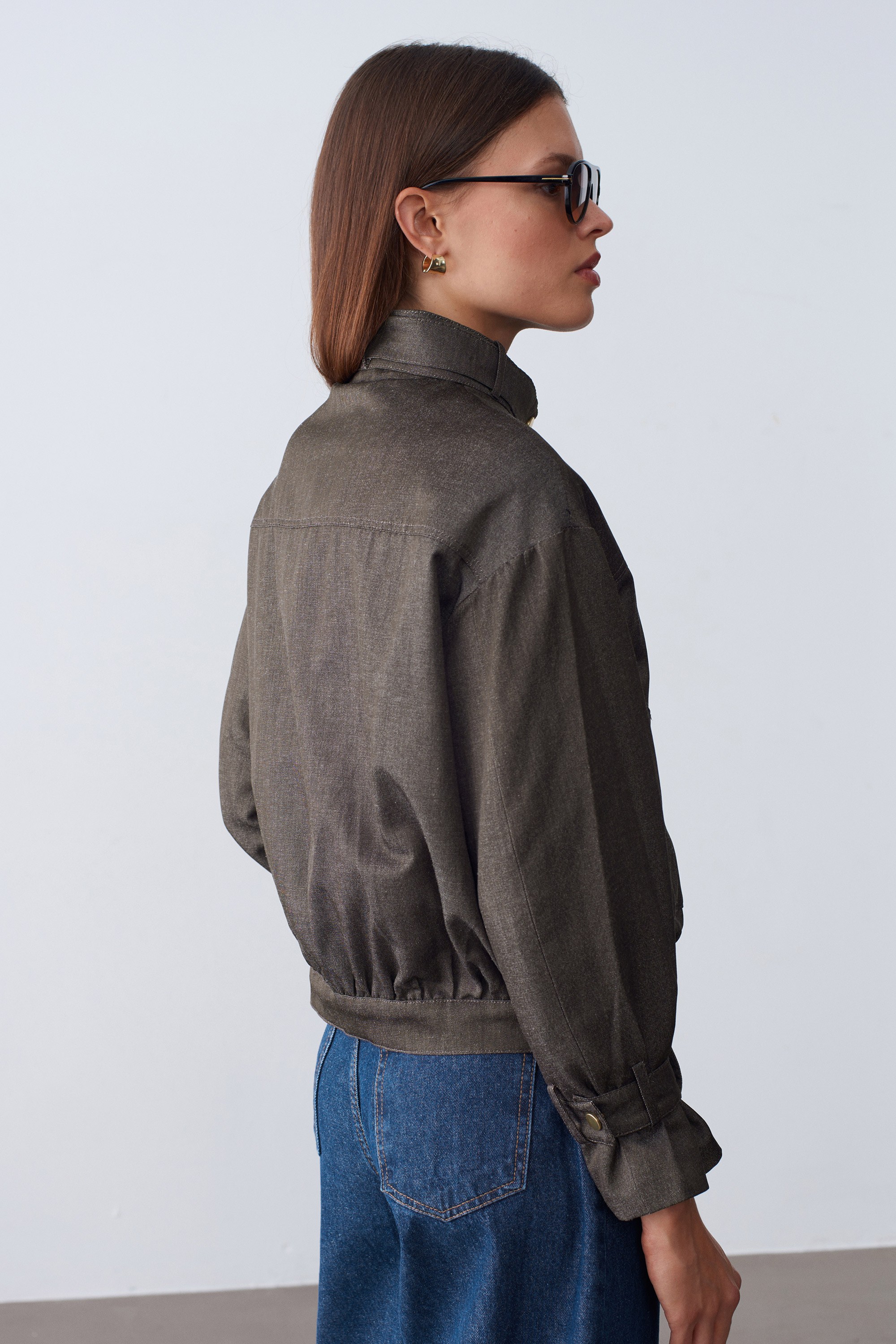 Premium Crop Denim Kahve Ceket 