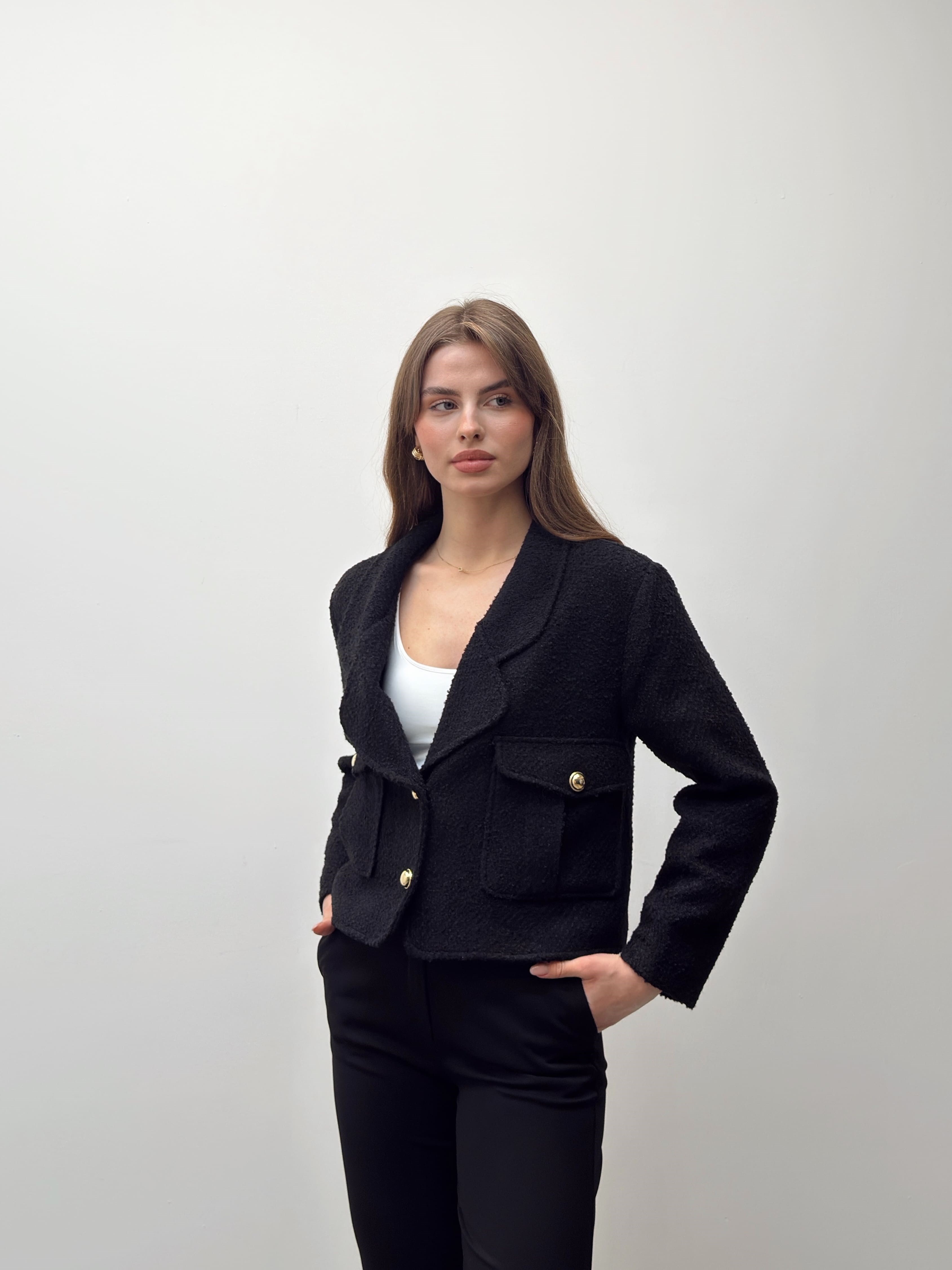 Siyah Yün Karışımlı Tüvit Ceket