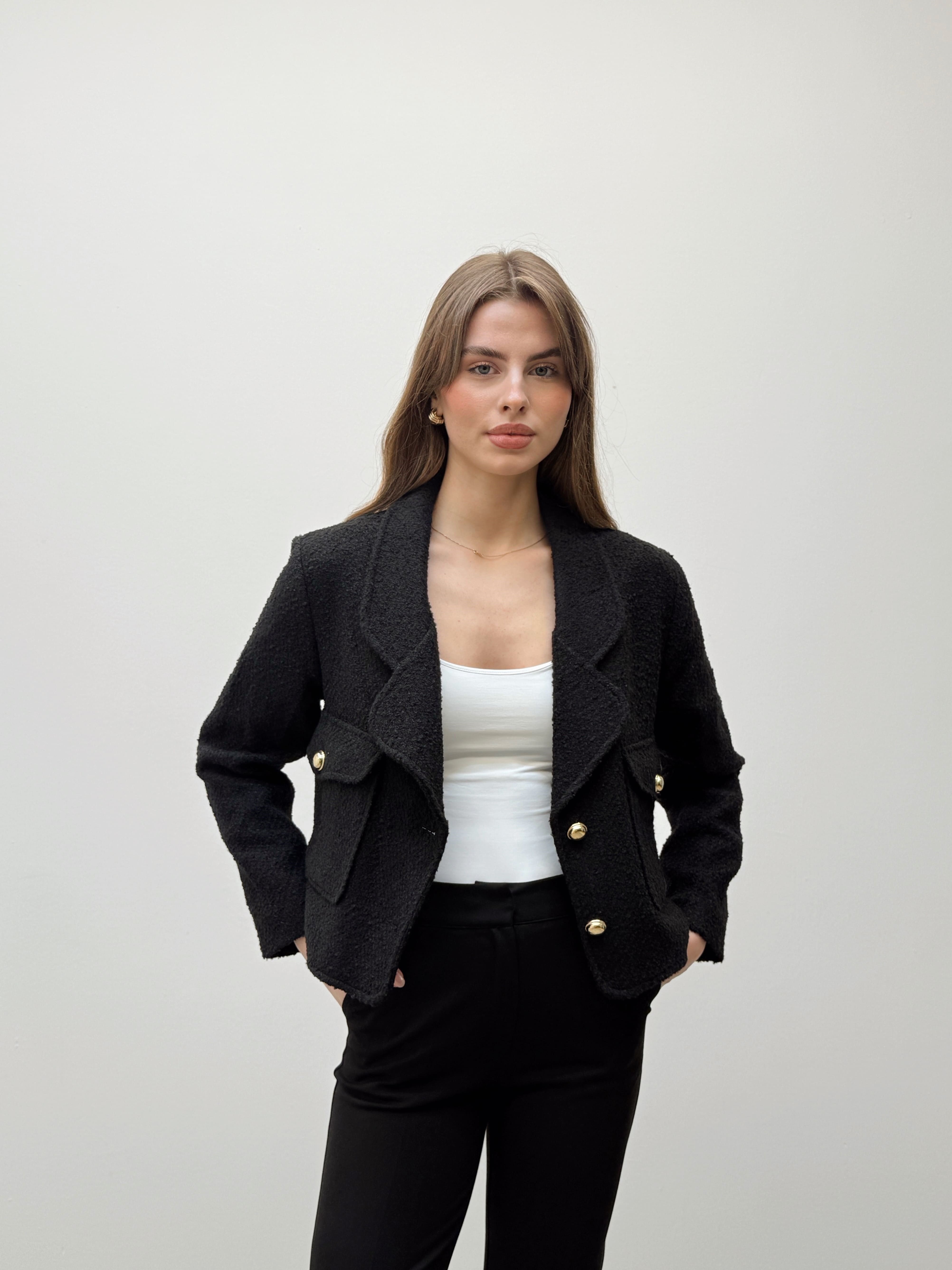 Siyah Yün Karışımlı Tüvit Ceket