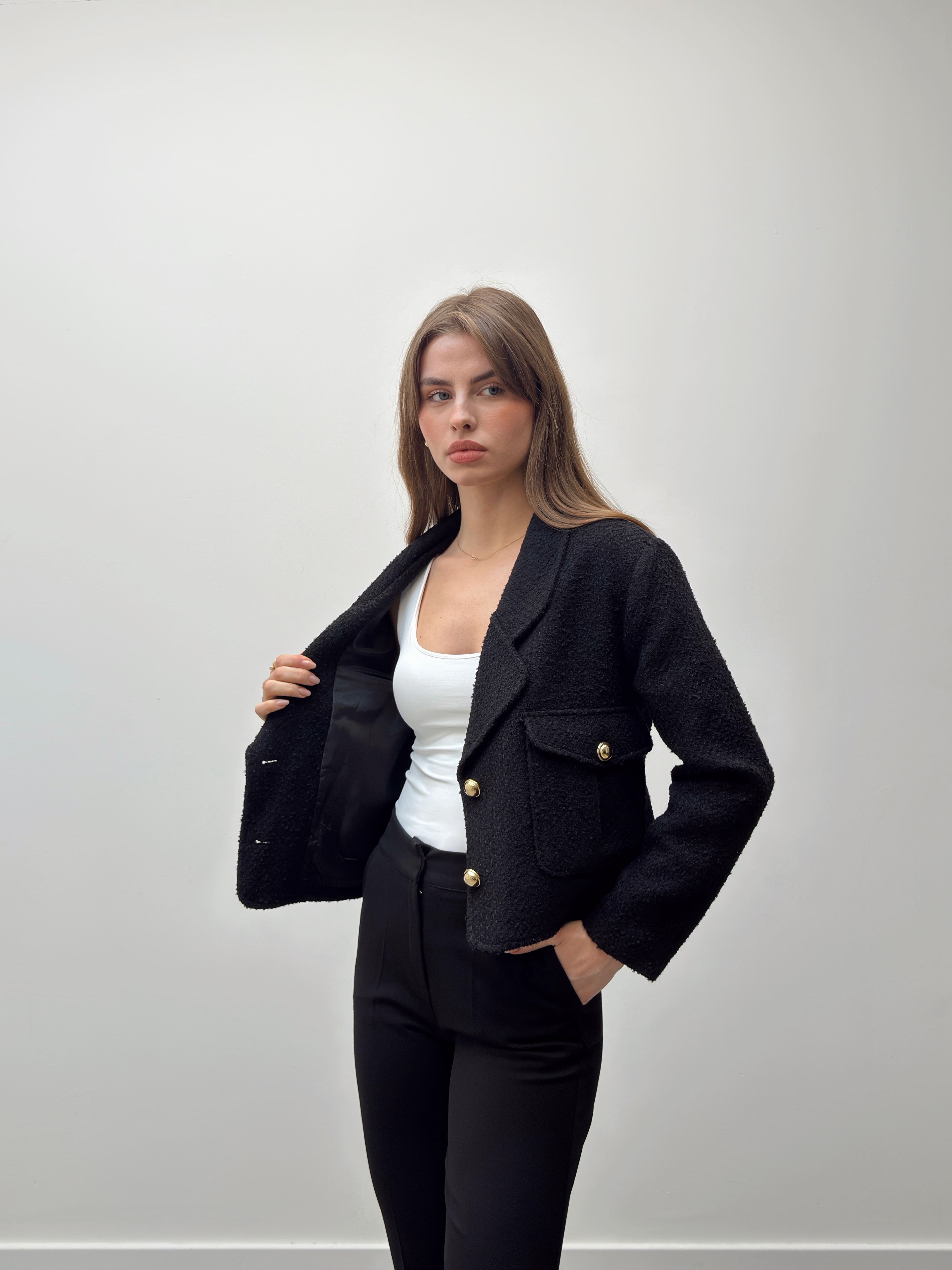 Siyah Yün Karışımlı Tüvit Ceket