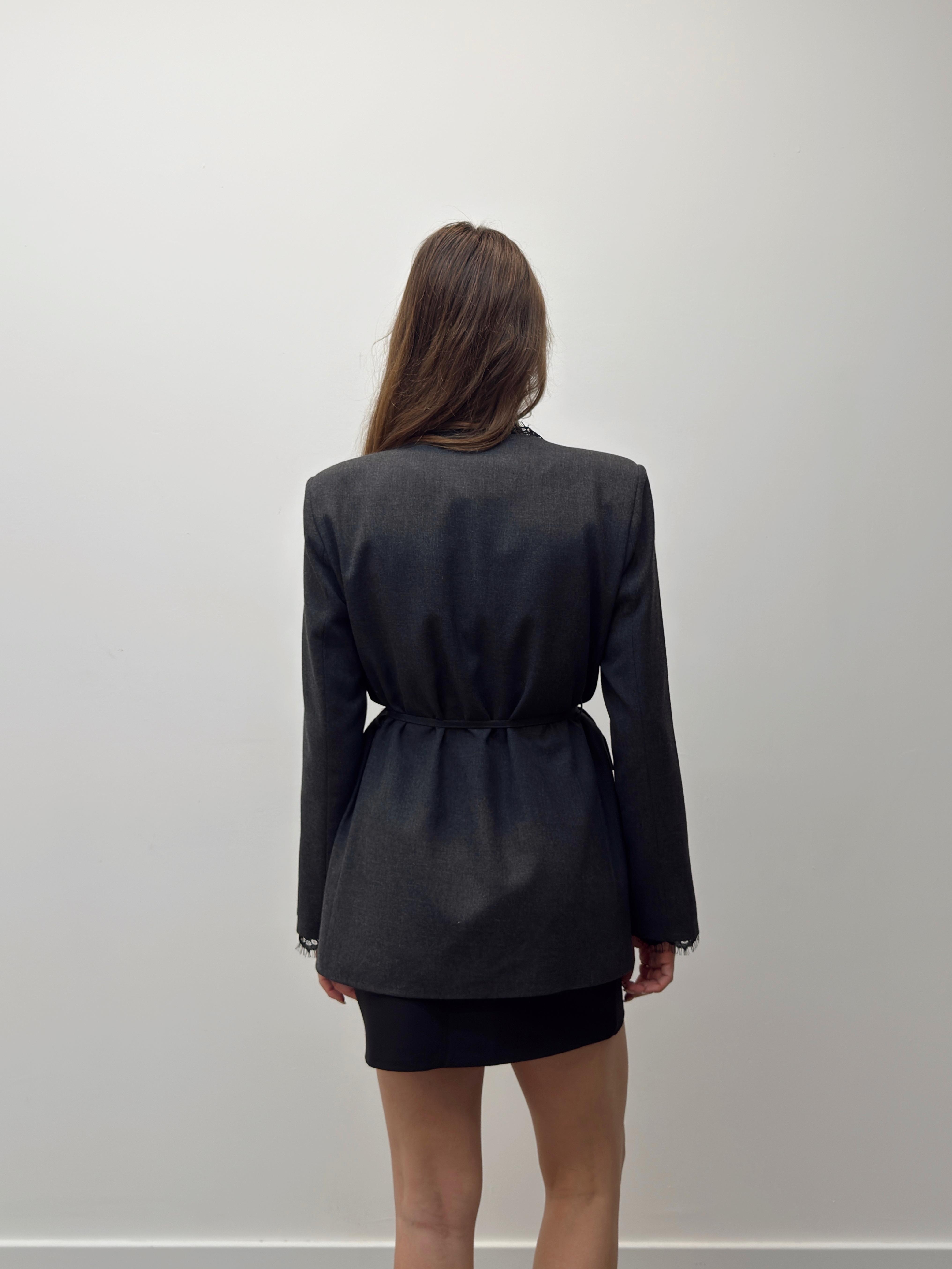 Velora Dantel  Kuşaklı Antrasit Blazer Ceket