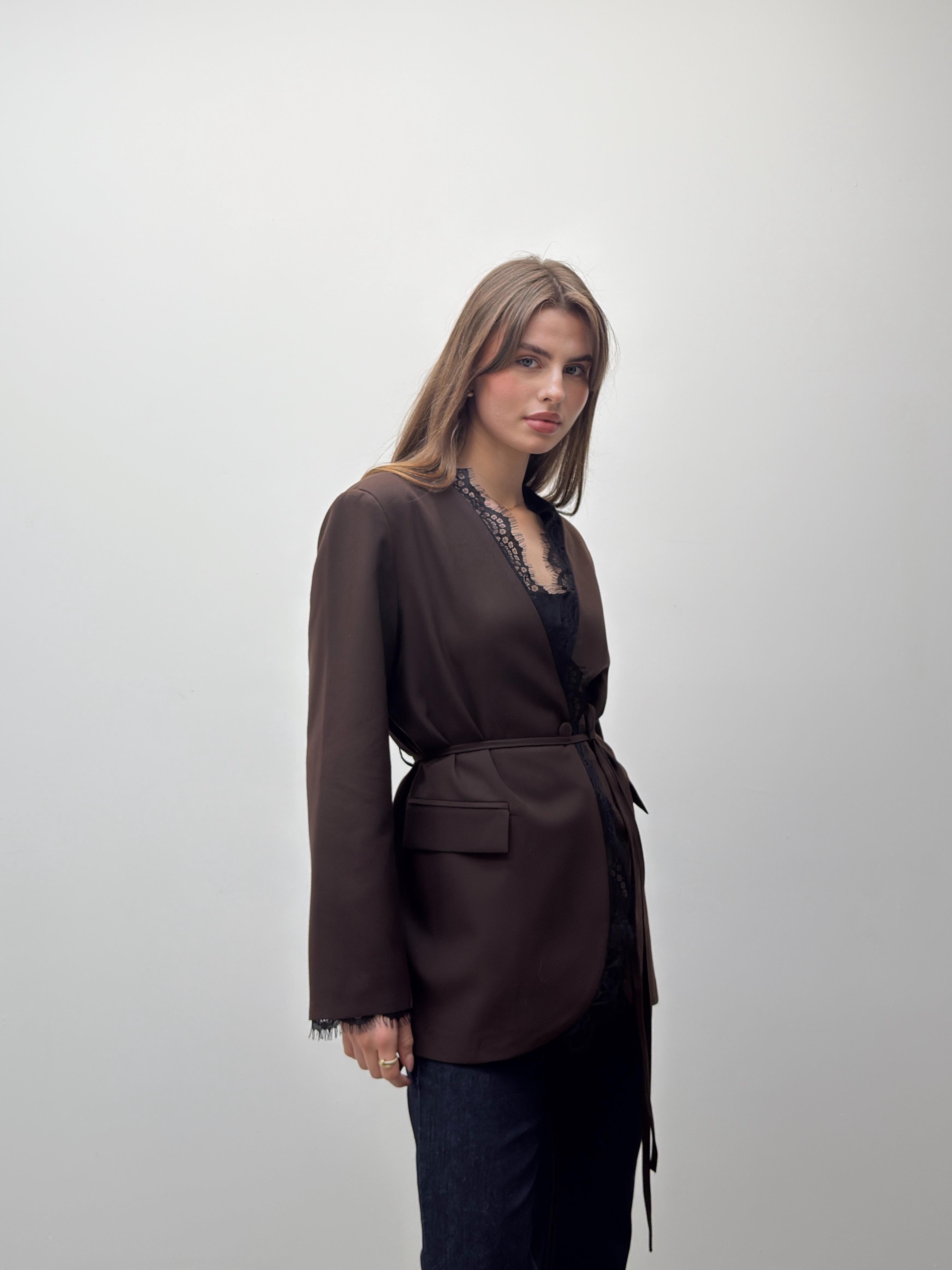 Velora Dantel  Kuşaklı Kahve Blazer Ceket