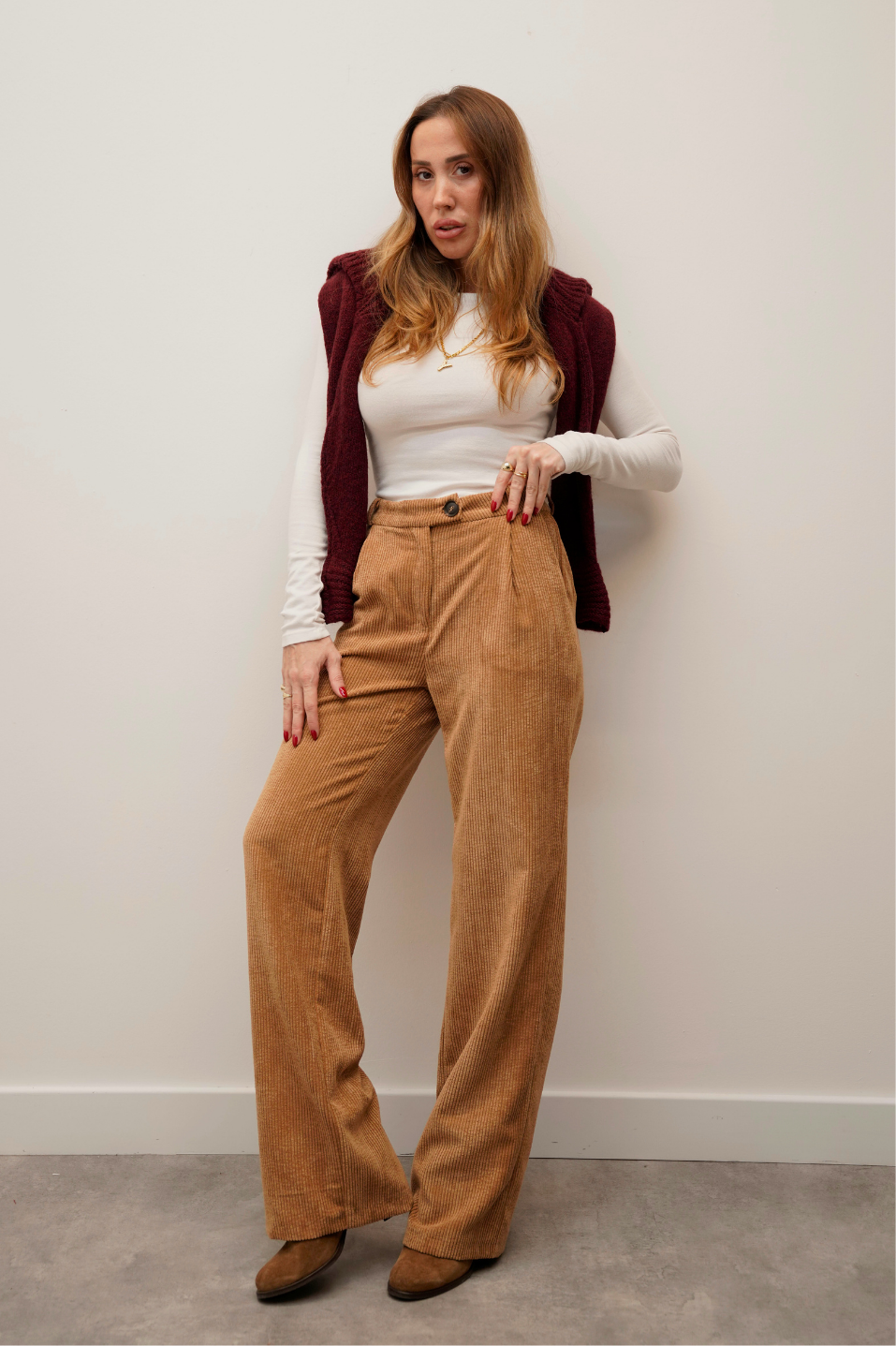 Yüksek Bel Retro Fitilli Kadife Camel Pantolon 