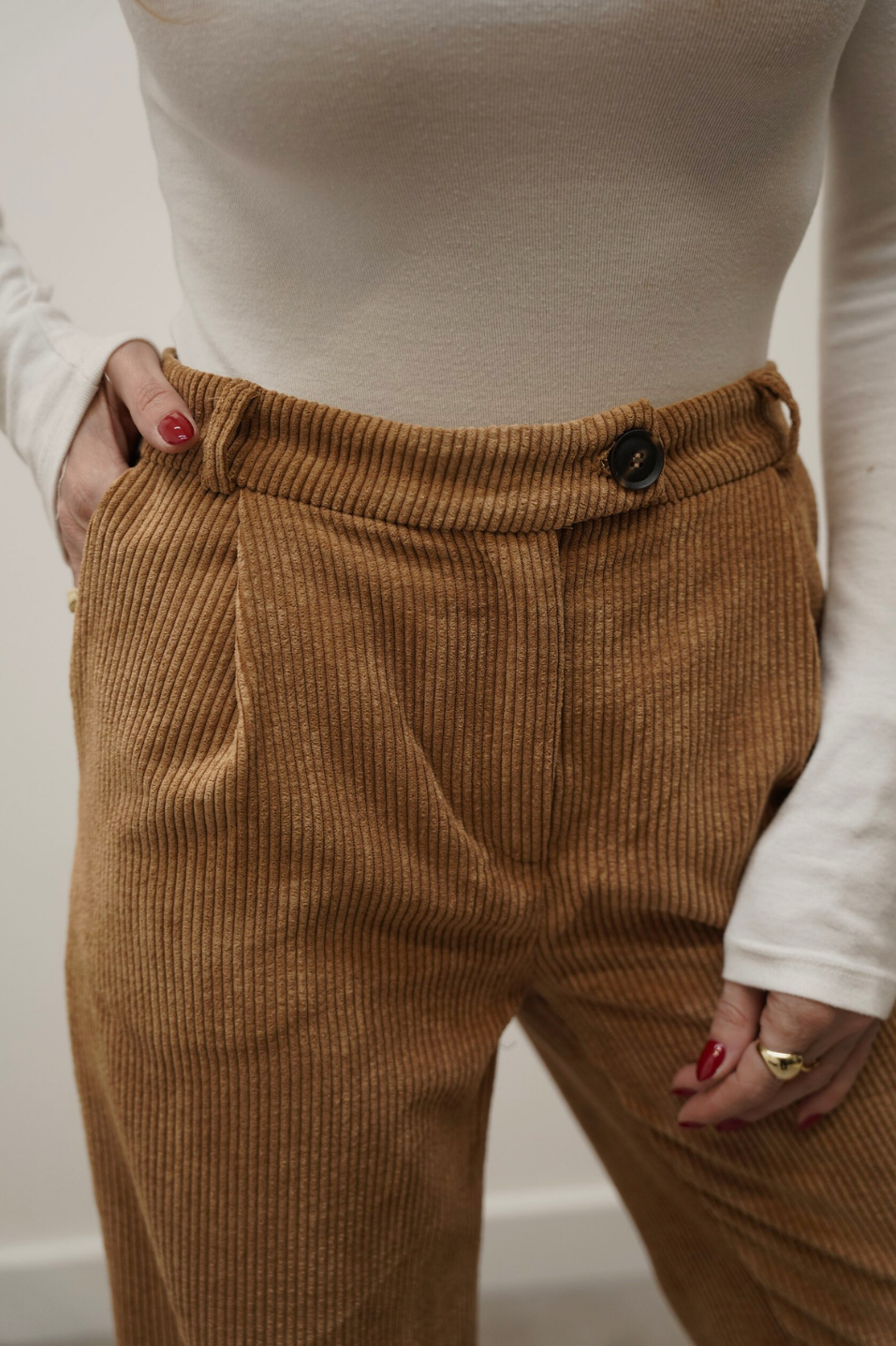 Yüksek Bel Retro Fitilli Kadife Camel Pantolon 