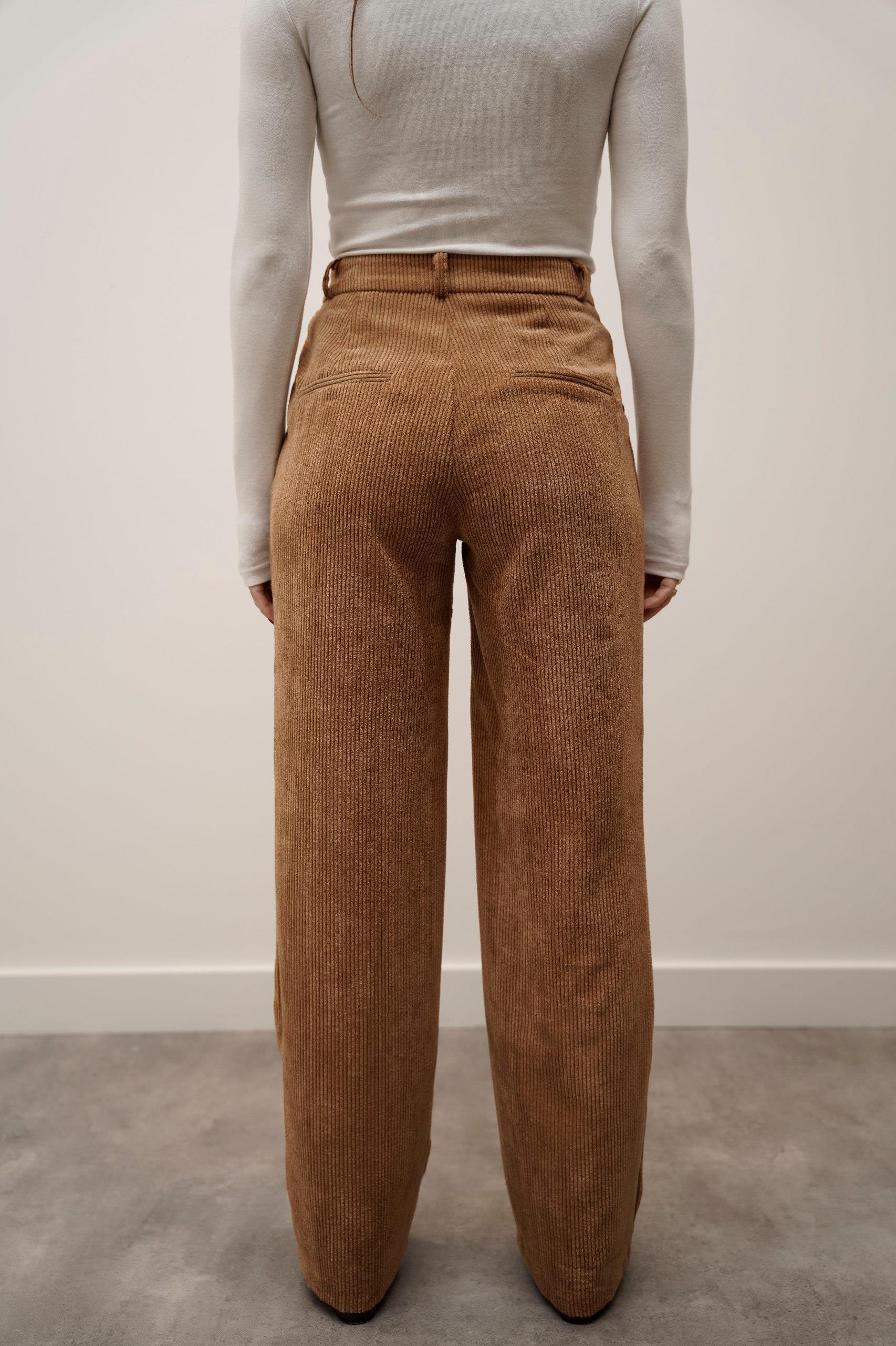 Yüksek Bel Retro Fitilli Kadife Camel Pantolon 
