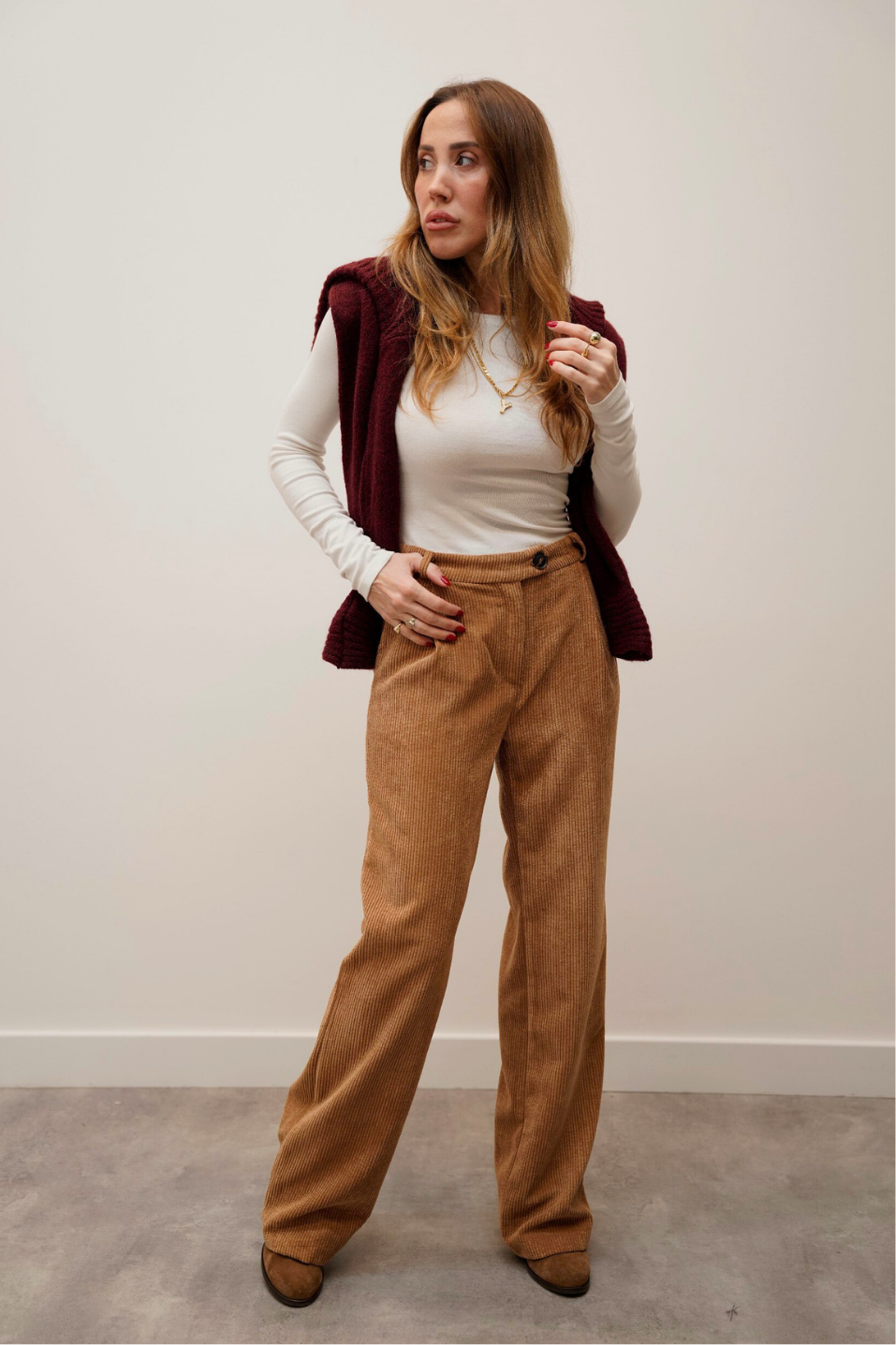 Yüksek Bel Retro Fitilli Kadife Camel Pantolon 