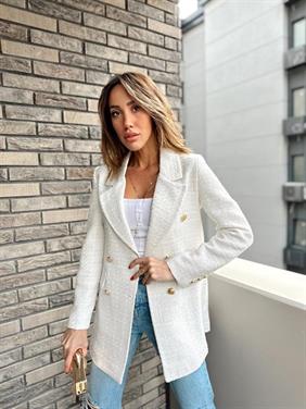  Kadın Gold Düğmeli Beyaz Kruvaze Tüvit Ceket
