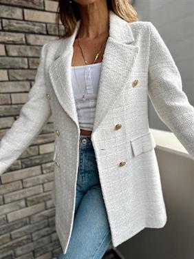  Kadın Gold Düğmeli Beyaz Kruvaze Tüvit Ceket