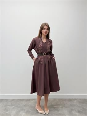 Elegance Fular Detay Kemerli Kahverengi Elbise