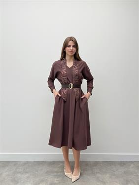 Elegance Fular Detay Kemerli Kahverengi Elbise