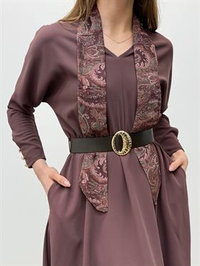 Elegance Fular Detay Kemerli Kahverengi Elbise