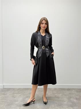 Elegance Fular Detay Kemerli Siyah Elbise