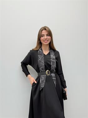 Elegance Fular Detay Kemerli Siyah Elbise