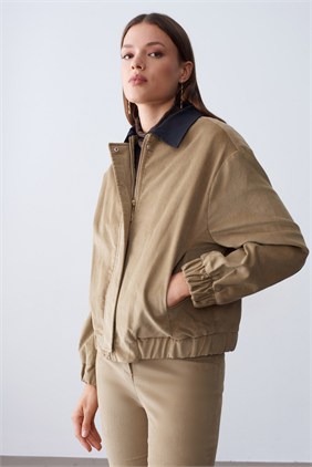 Kadife Bomber Fermuarlı Camel Ceket 