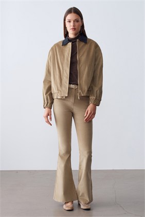 Kadife Bomber Fermuarlı Camel Ceket 