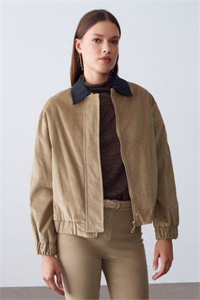 Kadife Bomber Fermuarlı Camel Ceket 