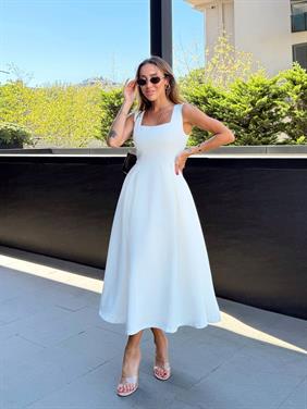 Kadın Askılı Beyaz Balon Elbise