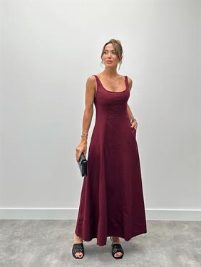 Kadın Askılı Cepli Bordo Keten Elbise