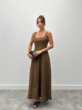 Kadın Askılı Cepli Kahverengi Keten Elbise