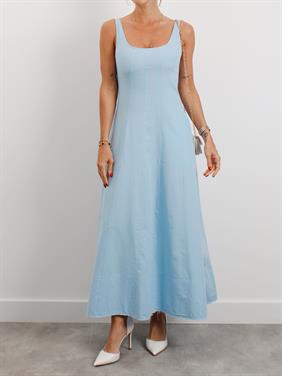 Kadın Askılı Cepli Mavi Keten Elbise