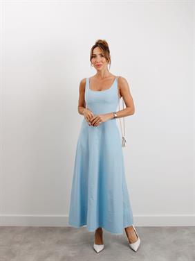 Kadın Askılı Cepli Mavi Keten Elbise