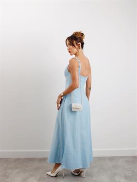 Kadın Askılı Cepli Mavi Keten Elbise