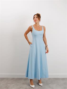 Kadın Askılı Cepli Mavi Keten Elbise