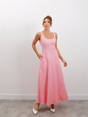 Kadın Askılı Cepli Pembe Keten Elbise