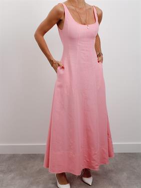 Kadın Askılı Cepli Pembe Keten Elbise