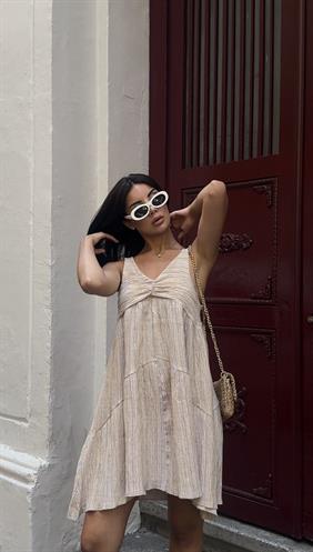 Kadın Askılı Drape Krem Elbise