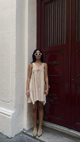 Kadın Askılı Drape Krem Elbise