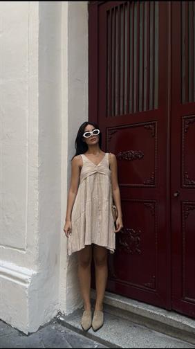 Kadın Askılı Drape Krem Elbise