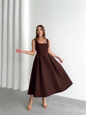 Kadın Askılı Kahverengi Balon Elbise