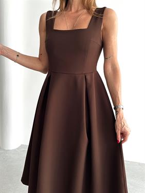 Kadın Askılı Kahverengi Balon Elbise