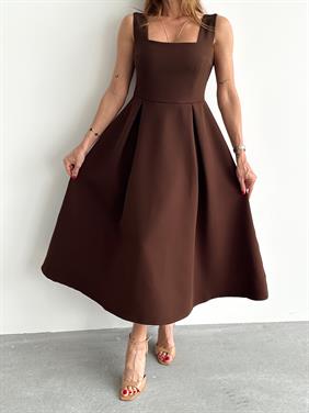 Kadın Askılı Kahverengi Balon Elbise