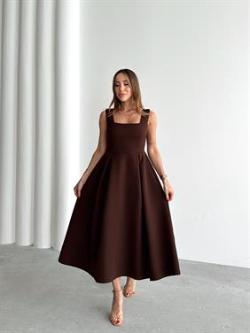 Kadın Askılı Kahverengi Balon Elbise