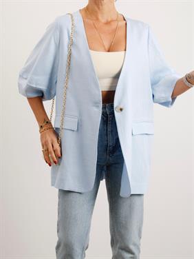 Kadın Astarsız Mavi Balon Kol Keten Ceket